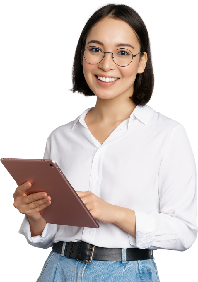 Smiling Woman Holding a Tablet